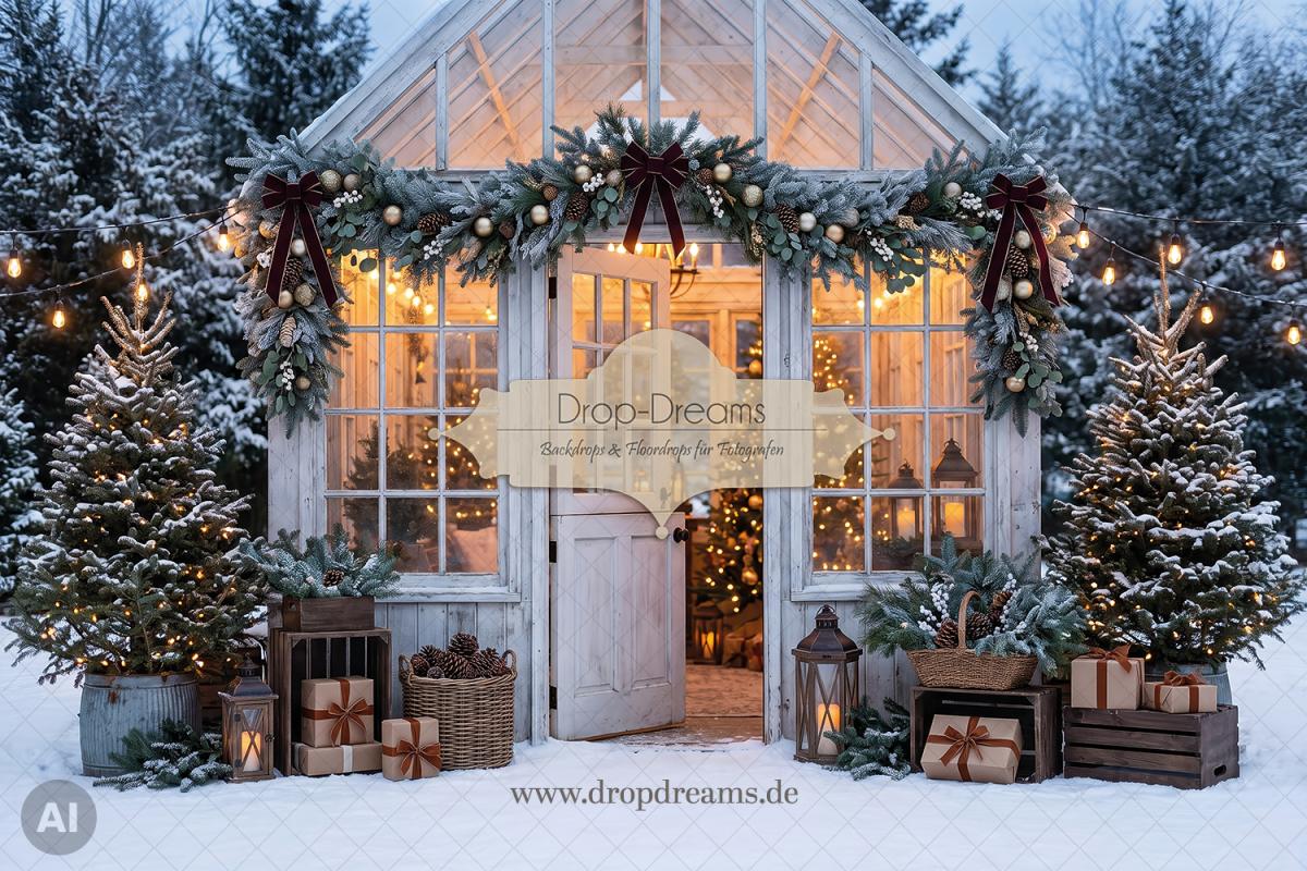 Weihnachts-Backdrop Christmas Greenhouse mit weißem Gewächshaus, warmem Lichterschein und verschneitem Tannenwald in Eisblau und Gold von Drop-Dreams